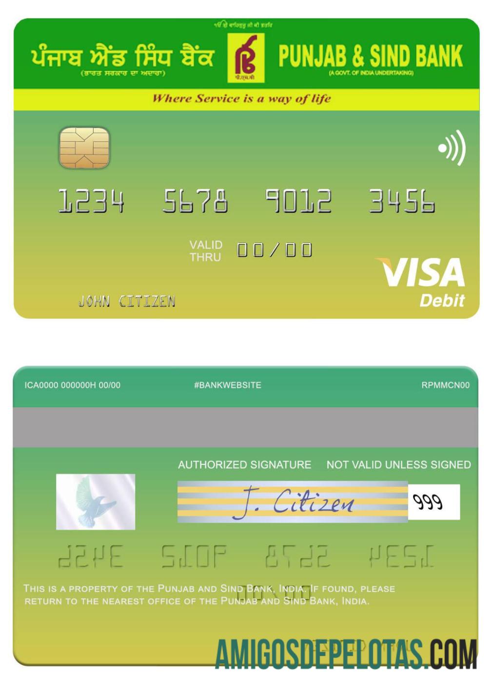 Cartão de débito Visa Punjab e Sind Bank da Índia amostra